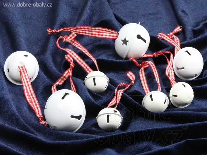 Vánoční rolničky BÍLÉ s červenou mašlí, 8 ks