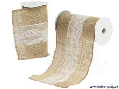 Dekorační juta s bílou krajkou PŘÍRODNÍ  15 cm x 2,75 m 