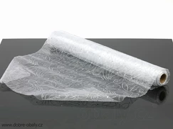 Luxusní dekorační organza BÍLÁ stříbrný potisk ornament s flitry