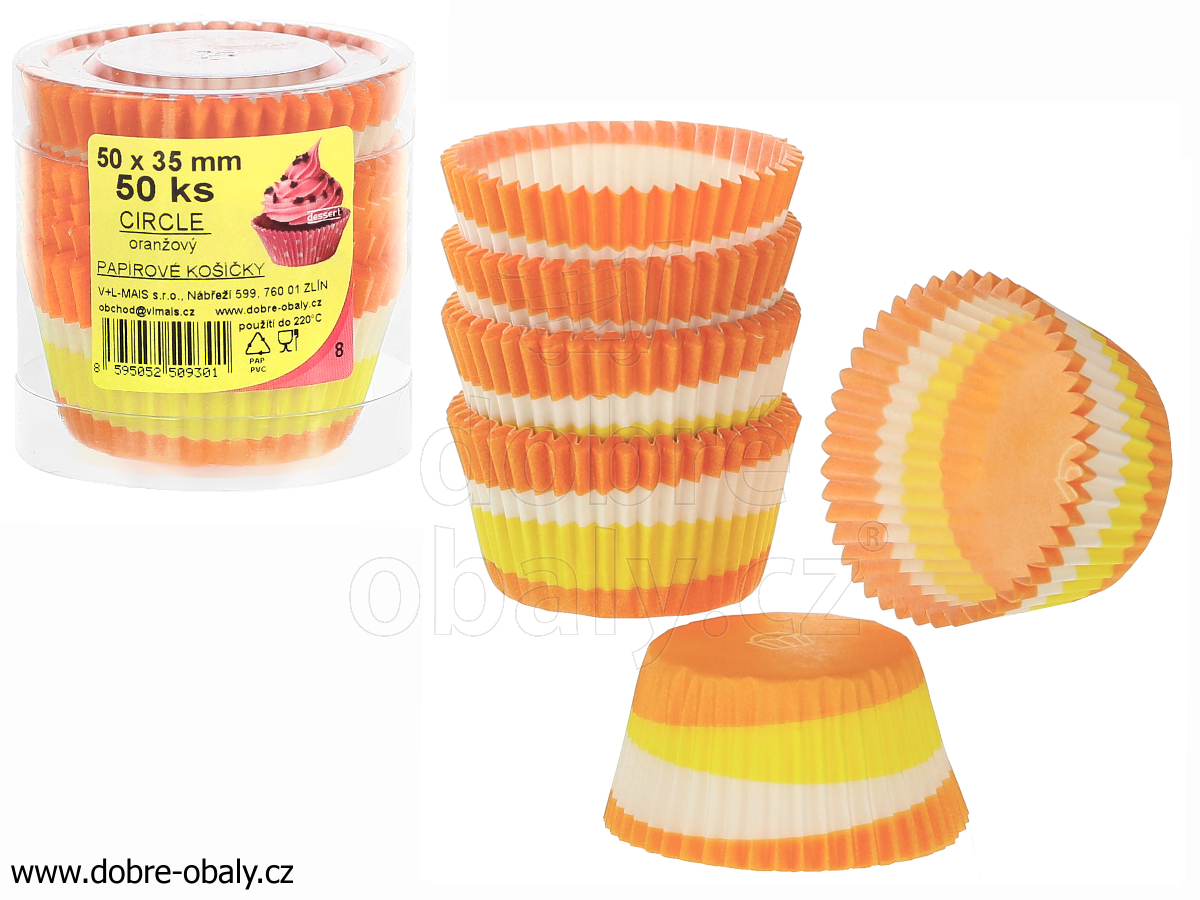 Cukrářské košíčky papírové na muffiny v boxu CIRCLE oranžové  50x35mm, 50ks