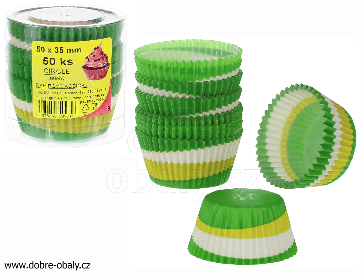Cukrářské košíčky papírové na muffiny v boxu CIRCLE zelené 50x35mm, 50ks