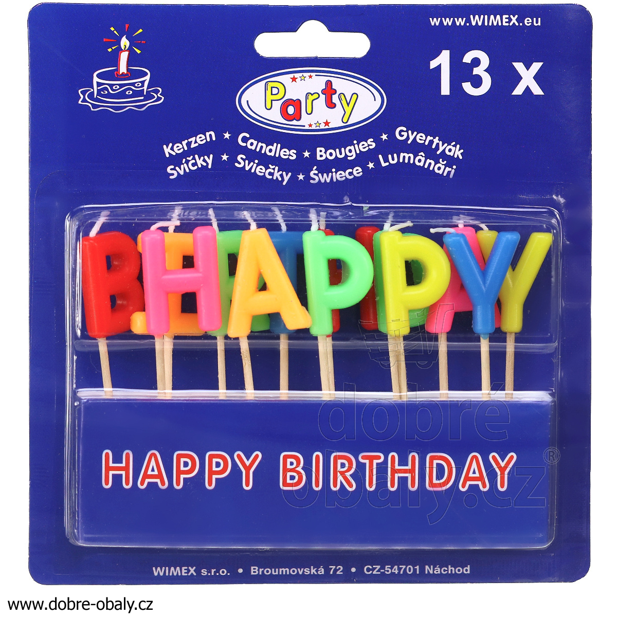 Party svíčky HAPPY BIRTHDAY na špejli 65mm, 13ks