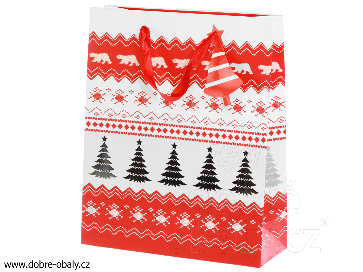 Vánoční dárková taška L červeno-bílá, C stromek