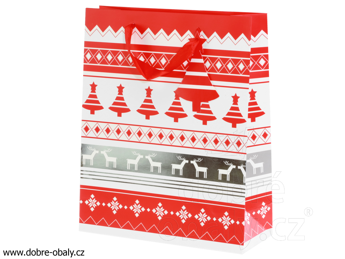 Vánoční dárková taška M červeno-bílá, A jelen