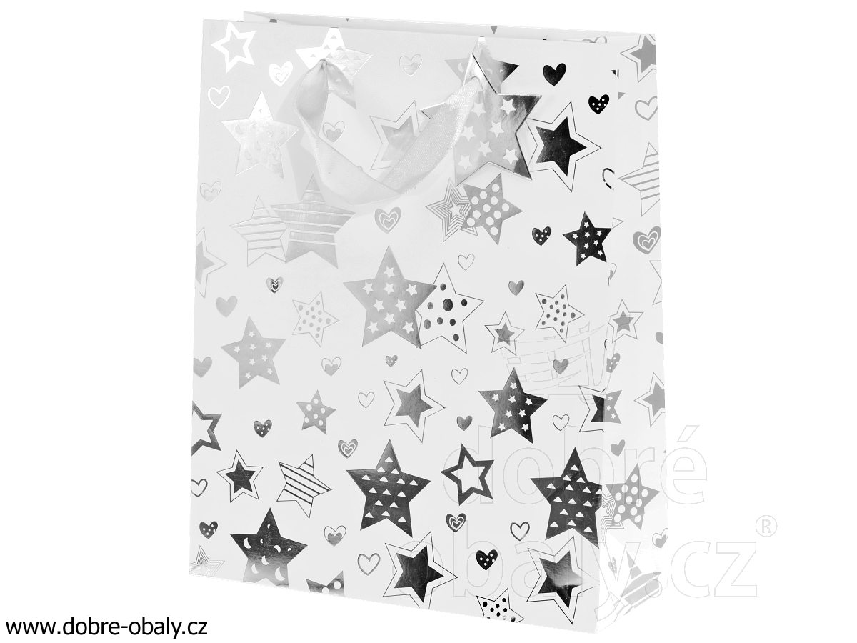 Vánoční dárková taška XL stříbrno-bílá, A hvězdy