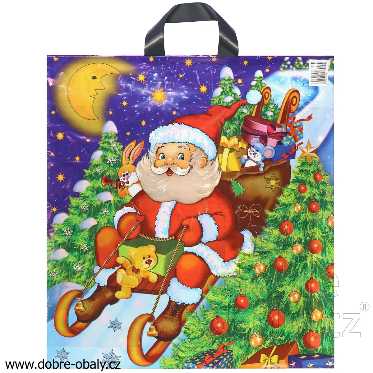 Vánoční taška PE odnosná s uchem SANTA na saních