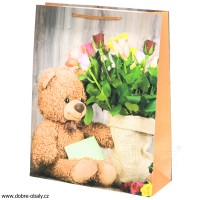 Dárková papírová taška 30x40x12 cm medvídek s květinou
